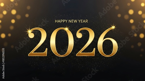 Happy New Year 2026 gold text on black background with sparkles