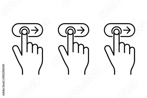 A hand performs a swipe gesture on three digital interface elements.