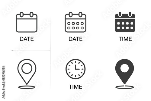 A collection of icons representing date and time and location are displayed.