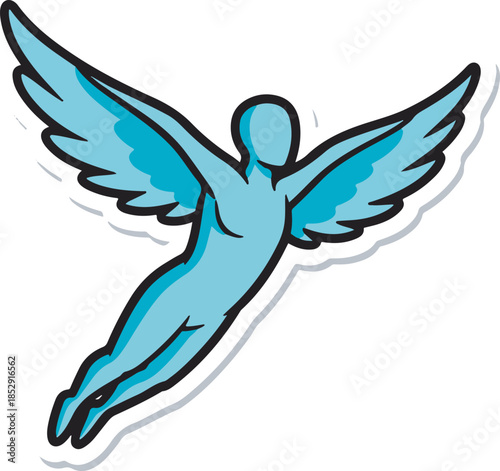 The blue winged human figure is flying through the air with outstretched arms and legs.