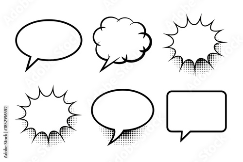 Speech bubbles and thought clouds in various cartoon styles.