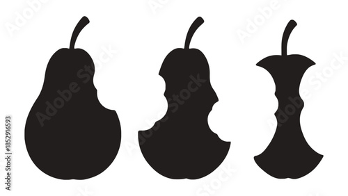 Three black silhouettes of pears showing stages of being eaten.