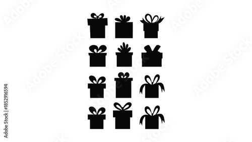 A collection of twelve black gift boxes with bows on a white background.