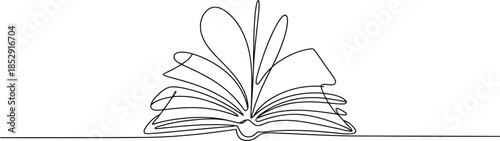 An open book with fluttering pages is gracefully depicted in a fluid continuous single line drawing