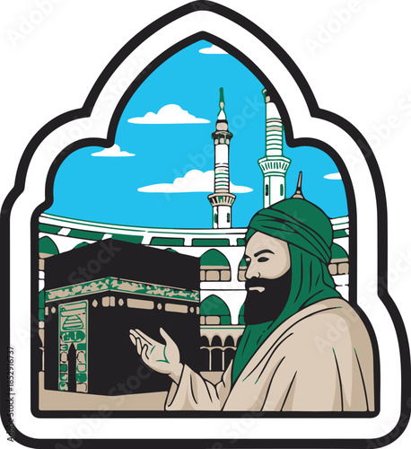 A man in a green turban stands in front of a mosque with minarets and a blue sky.