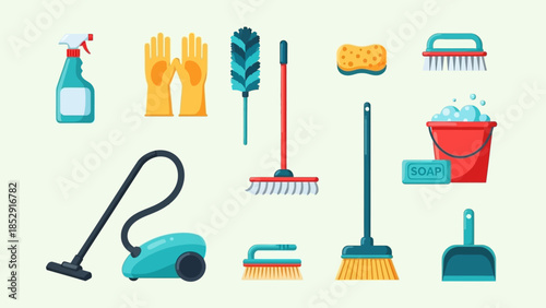 Set of domestic cleaning tools and equipment including a blue broom, mop, and brush with a plastic bucket and dustpan isolated for household floor hygiene and housekeeping housework