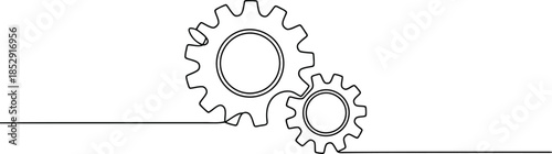 Continuous one line drawing displays two mechanical gears engaging together on a pristine white surface