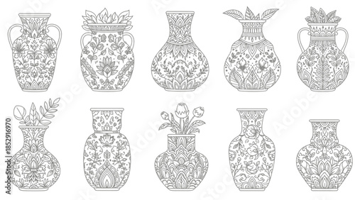A set of hand drawn vases in different traditional and vintage ceramic styles isolated as decorative art objects