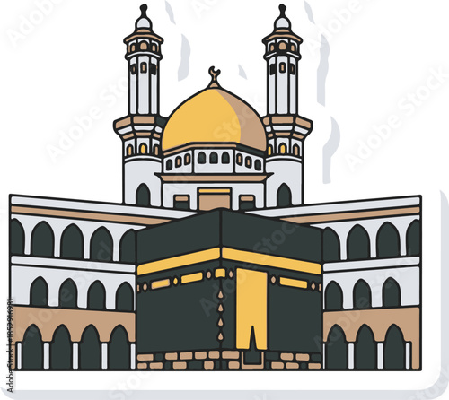 The Kaaba holy site with minarets and dome in Mecca city at sunset