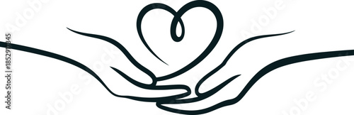 Two caring hands gently hold a heart shape formed by a continuous line on a white background, symbolizing empathy and support