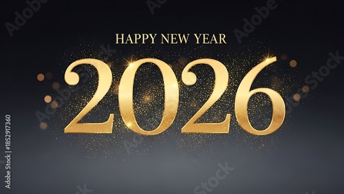 Happy New Year 2026 gold text with sparkles on black background