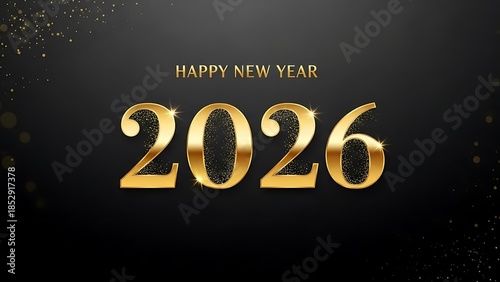 Happy New Year 2026 gold text on black background with sparkles