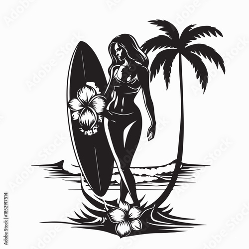 Portrait of surfer woman surfing having fun silhouette vector