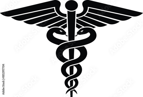 Caduceus Medical Symbol Silhouette with Winged Staff and Serpents, Healthcare and Medicine Emblem Isolated on White Background