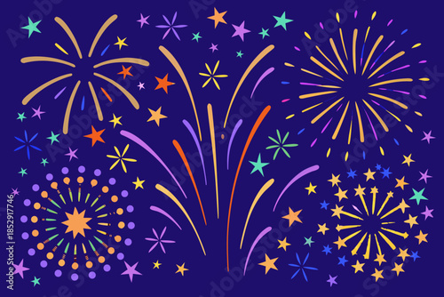 A vibrant display of colorful fireworks against a deep purple night sky