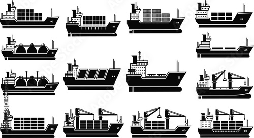Cargo Ship Silhouette Collection with Container Vessels and Industrial Freight Boats, Maritime Shipping Illustration Set Isolated on White Background