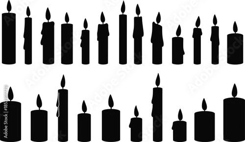 Candle Silhouette Collection with Burning Flames in Various Shapes, Decorative Wax Light Set Isolated on White Background
