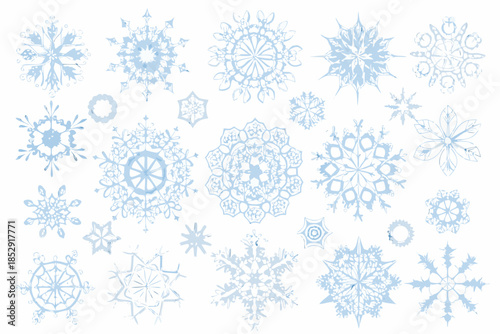 A collection of delicate light blue snowflakes in various intricate designs