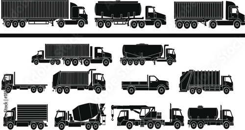 Commercial Truck Silhouette Collection Featuring Cargo, Tanker, Dump, and Utility Vehicles for Logistics and Transportation Design