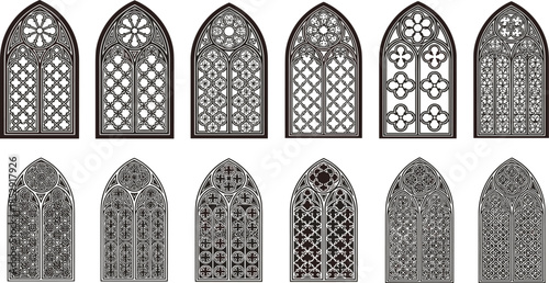 Gothic Church Window Ornament Collection with Detailed Stained Glass Arches, Medieval Cathedral Architecture Illustration Set Isolated on White