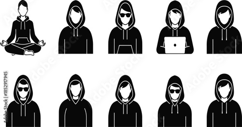 Hooded Person Silhouette Icon Set Showing Anonymous Users, Hackers, and Online Privacy Avatars for Cybersecurity Concepts
