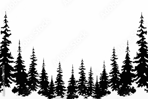 Silhouette of a dense forest with evergreen trees against a white background