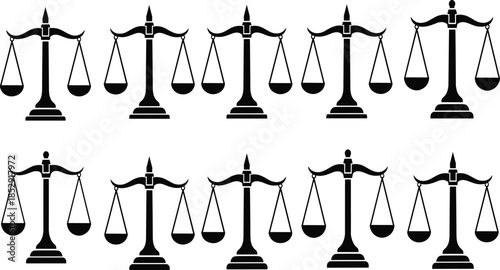 Justice Scales Silhouette Collection Featuring Balance and Equality Symbols, Legal Law Court Vector Illustrations for Judiciary, Ethics, and Graphic Design