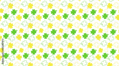 Seamless Pattern of Clovers and Shamrocks in Green and Yellow background. Fun St. Patrick’s Day Design for Holiday Decorations, Wrapping Paper and Cards