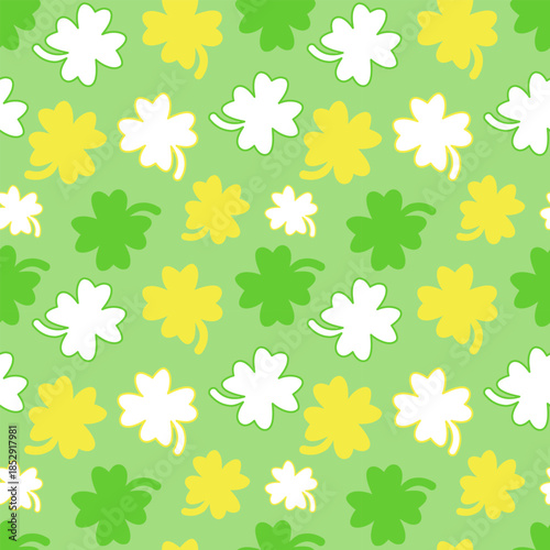 Green and Yellow Shamrock Pattern with White Outlines. Seamless St. Patrick’s Day Design for Decorations, Wrapping, Cards and Seasonal Projects