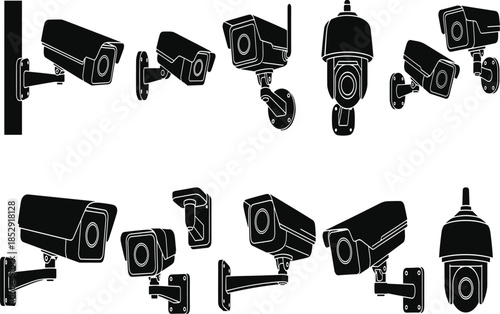 Security Camera Silhouette Collection Featuring CCTV Surveillance Devices in Multiple Angles, Monitoring Vector Illustrations for Safety, Protection, and Technology Design
