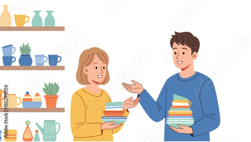 Cheerful couple enjoys shopping for home goods, holding stacks of colorful plates amidst shelves filled with a vibrant assortment of dishes, cups, and vases.