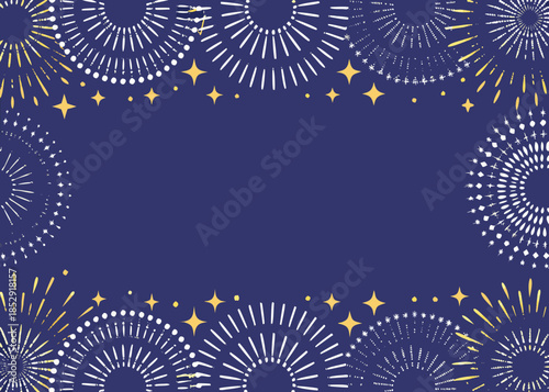 A festive dark blue background with sparkling firework and starburst elements