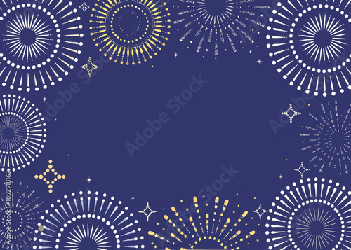 A festive arrangement of golden and white fireworks on a dark blue background