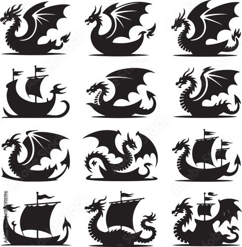 Collection of viking dragon and ship silhouette illustrations