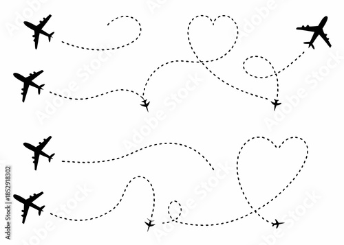 Airplanes tracing whimsical paths and heart shapes across a white background