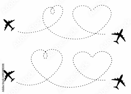 Airplanes tracing heart shaped paths in the sky symbolizing love and travel