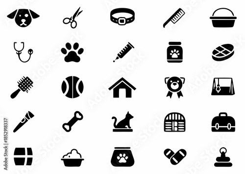 Collection of black pet care icons including grooming food and health items