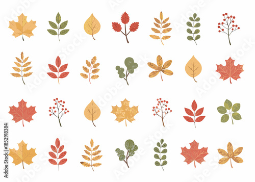A collection of colorful autumn leaves and sprigs arranged in a grid pattern