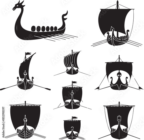 Collection of viking longship and drakkar ship illustrations in various styles