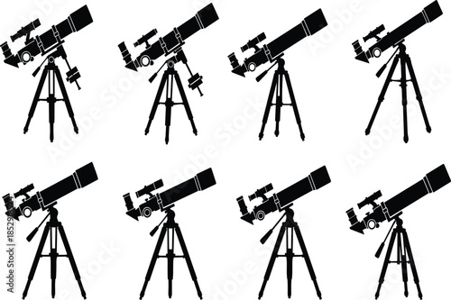 Set of telescope silhouettes isolated on white background, astronomical observation equipment collection for space science and astronomy design