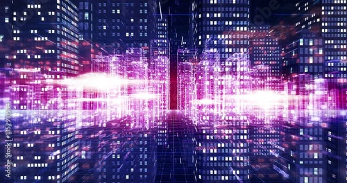 Virtual reality wireframe urban scene transitioning to physical data center. Digital virtual world 3D concept animation.