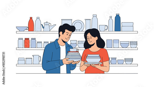 Smiling couple thoughtfully holds stacks of clean dishes while surrounded by shelves brimming with an organized selection of bottles, plates, and bowls in a store setting.