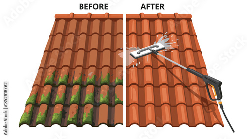 Before and after comparison showcasing effective roof cleaning with a pressure washer, illustrating the removal of green moss and dirt for a pristine surface.