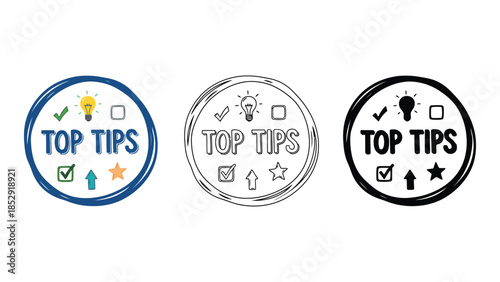 Three circular icons with the text 'TOP TIPS' and various symbols.