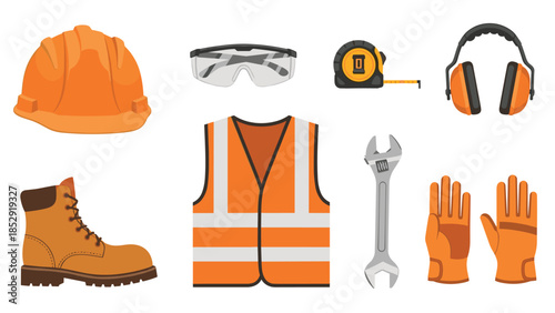 Comprehensive set of essential personal protective equipment for construction workers, including a hard hat, safety glasses, reflective vest, and robust work boots.