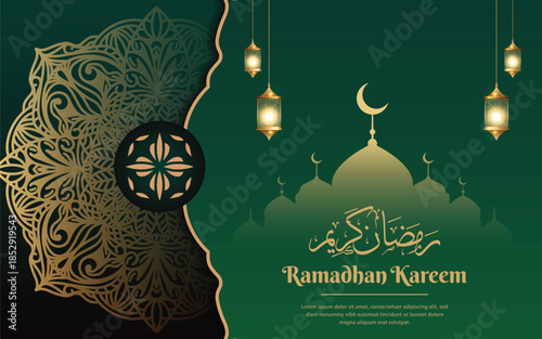 Realistic green ramadan kareem with mosque and mandala premium vector