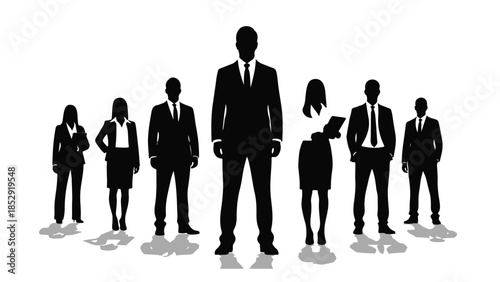 Diverse Group of Men and Women in Business Attire Standing Together A Vector Silhouette Illustration of a Professional Team or Organization.
