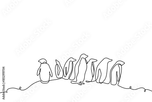 A single, continuous line among a group of penguins. Single line drawing Editable stroke.