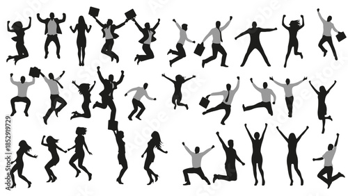 Diverse Group of Men and Women in Business Attire Jumping with Joy and Raised Arms, Symbolizing Success and Team Celebration