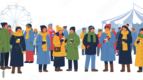 Cheerful crowd of people, warmly dressed in winter coats, enjoys hot drinks at an outdoor winter market or festive event, with a Ferris wheel in the background.